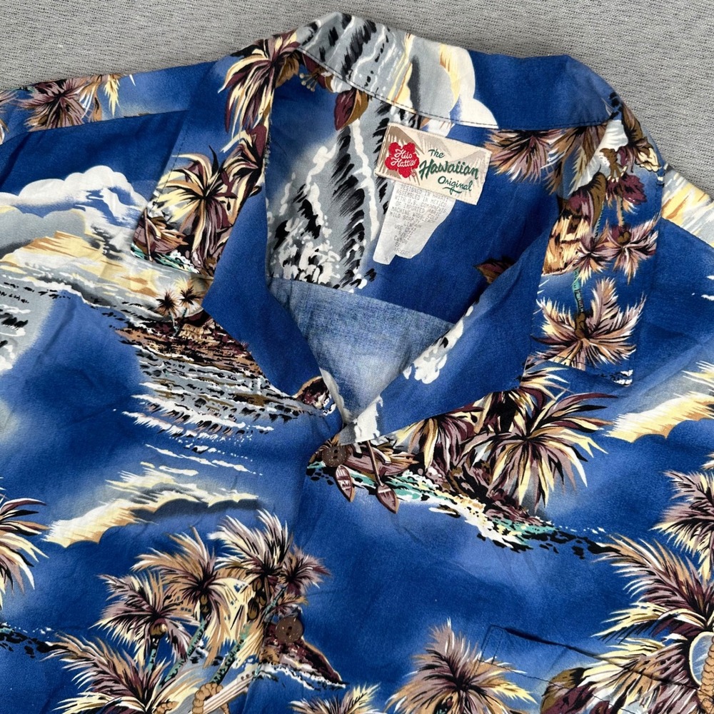 VTG Hilo Hattie Hawaiian Original Shirt Mens XL Blue Tropical Scenic Rayon AOP